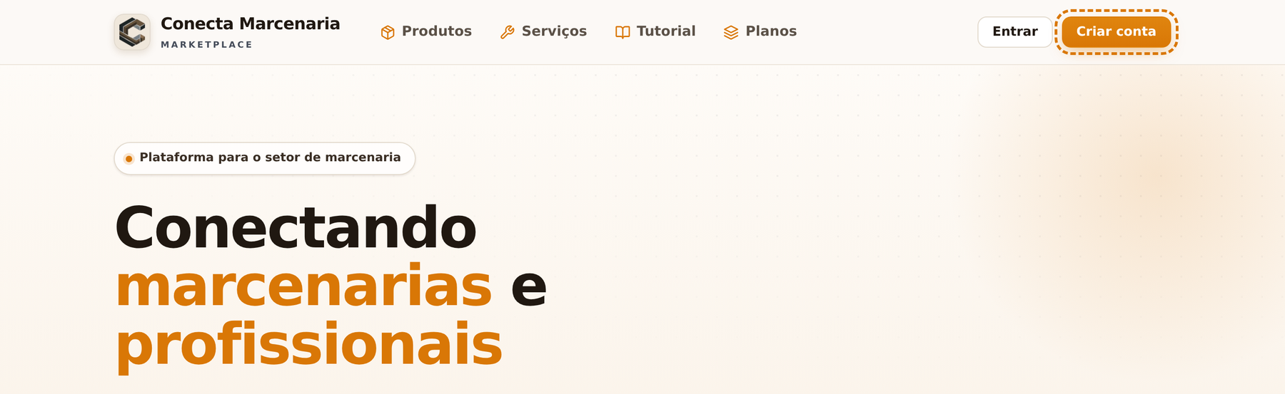 Topo do site com o botão Criar conta marcado