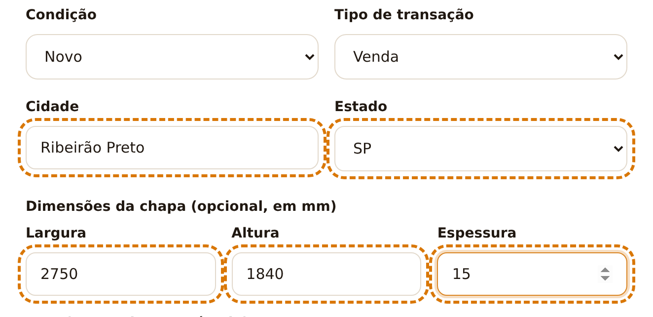 Campos de condição, cidade, estado e dimensões preenchidos