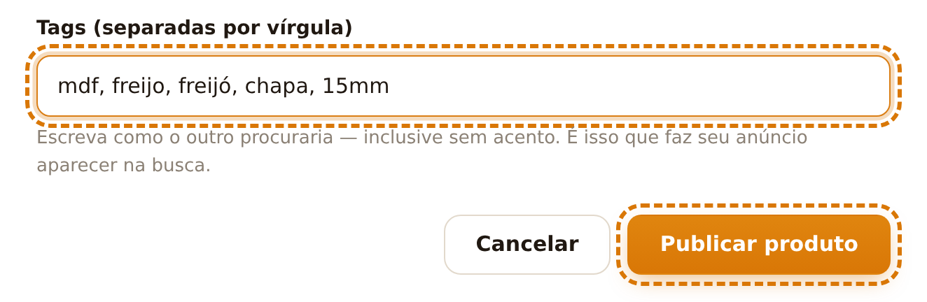 Campo de tags preenchido e botão Publicar produto marcado